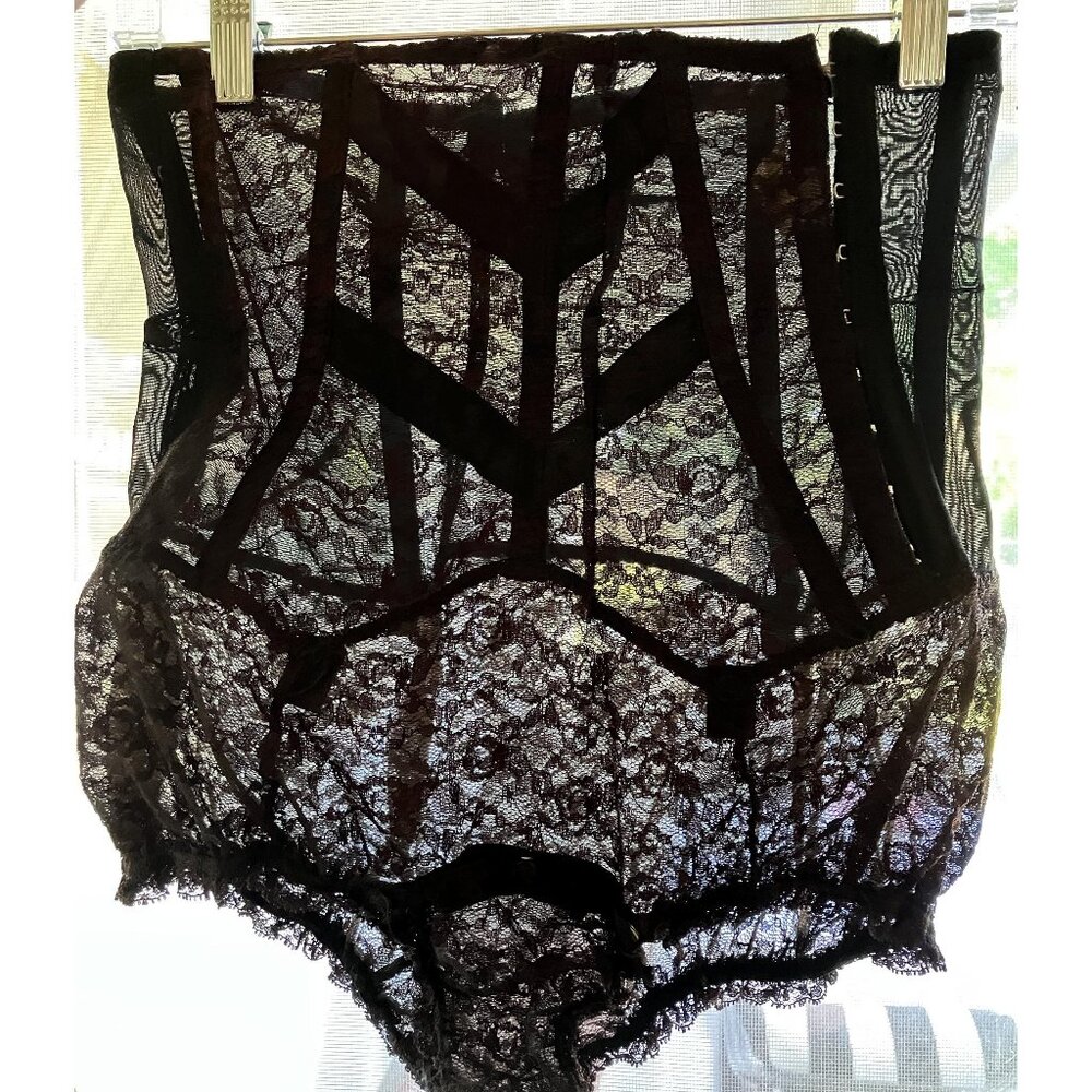 Ultra RARE vintage black lace high waisted panty w attached corset boned granny